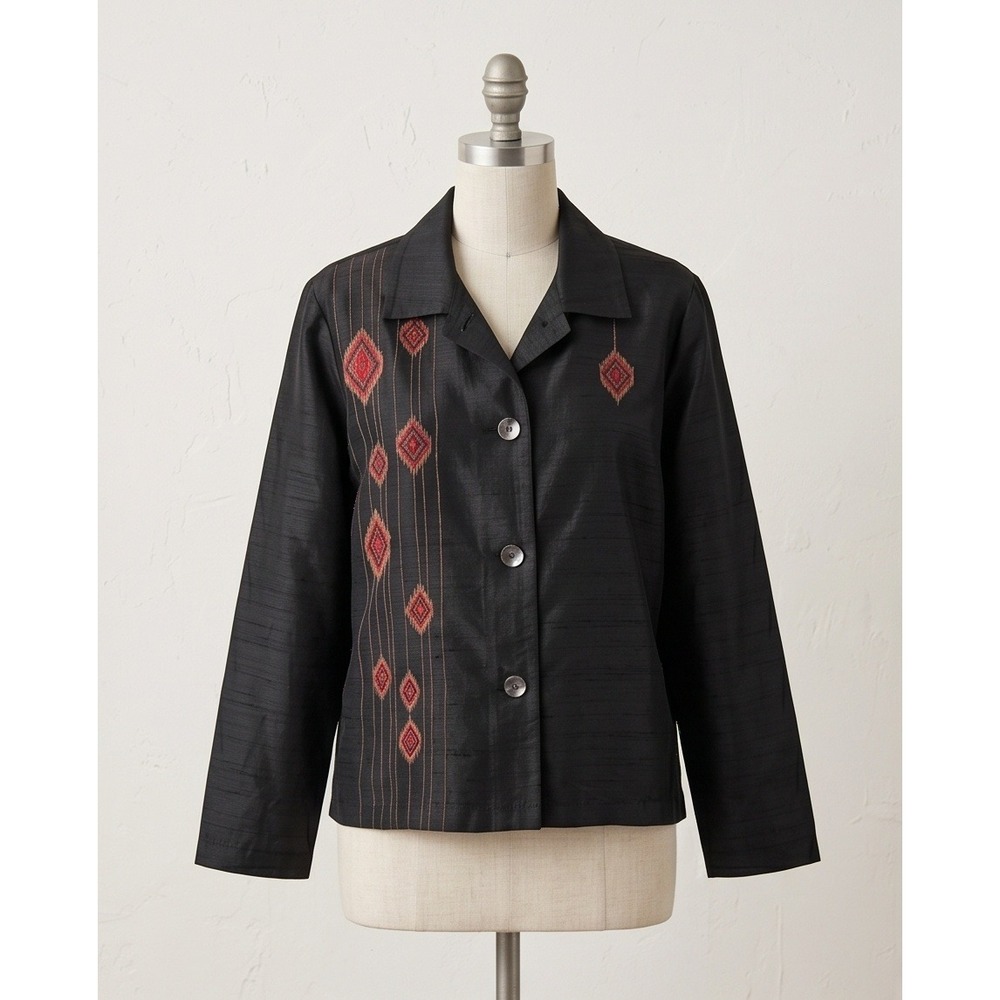 Chico's Design 1 Vintage Silk Embroidered Southwestern Button Down Shirt Black